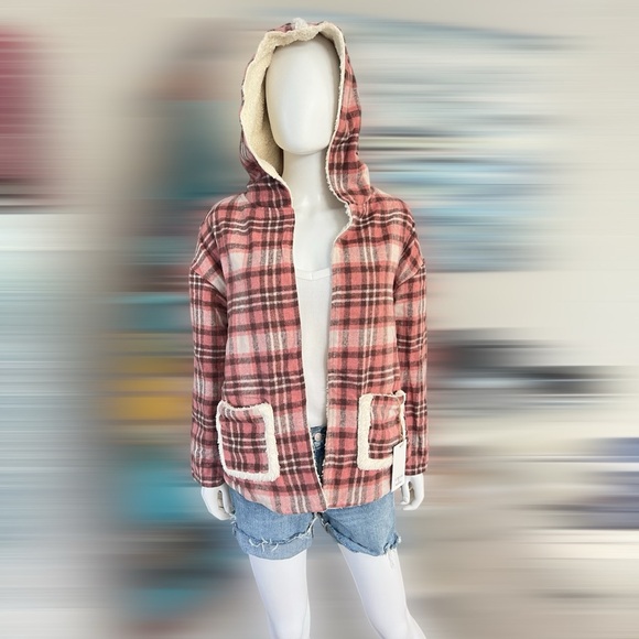 NEW IN Plaid open front faux Sherpa jacket S M L - Picture 6 of 10